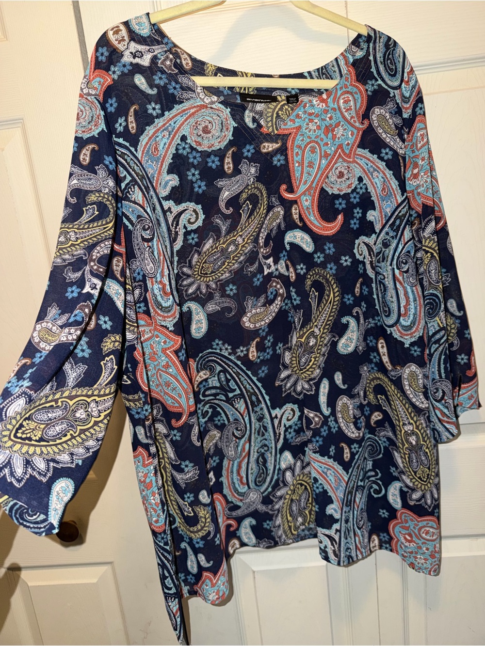 Avenue Navy Paisley Boatneck Tunic with Teal and Coral Accents